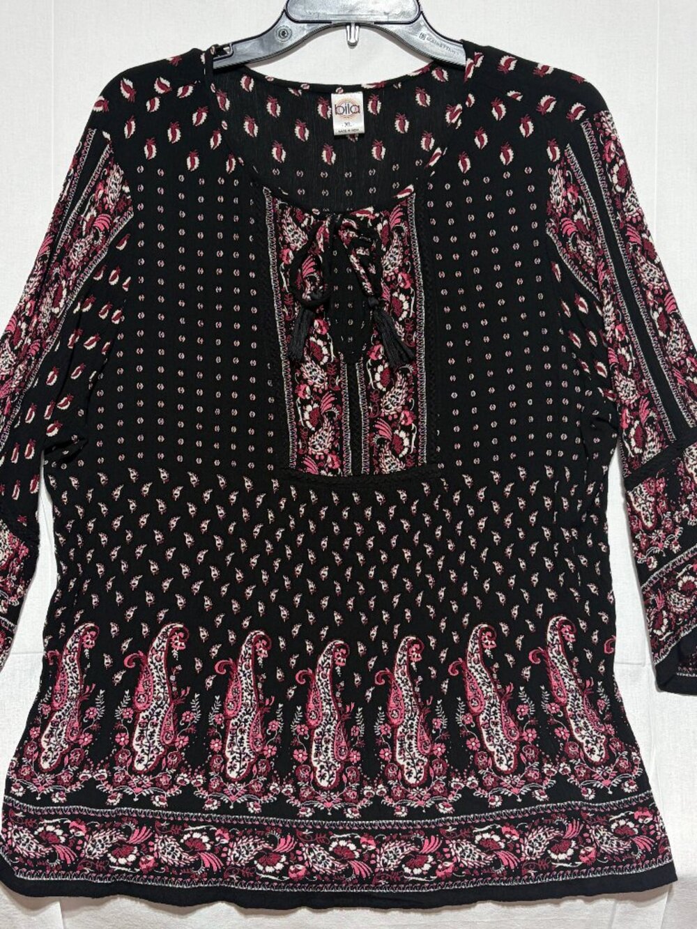 Bila Womens XL Boho Peasant Top Black Pink Paisley Bell Sleeve Tassel Tie Rayon